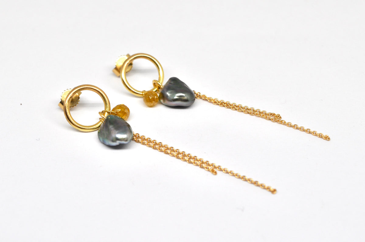 Tahitian Keshi Pearl & Yellow Diamond Drop Earrings in 18k Gold
