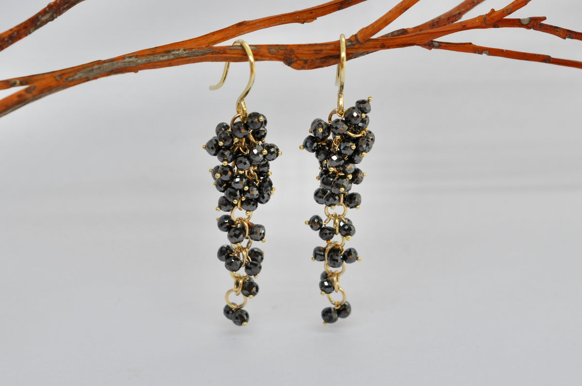 18k Gold Drop Earrings with Black Faceted Diamond Bead Clusters