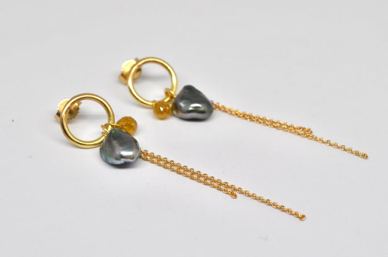 Tahitian Keshi Pearl & Yellow Diamond Drop Earrings in 18k Gold