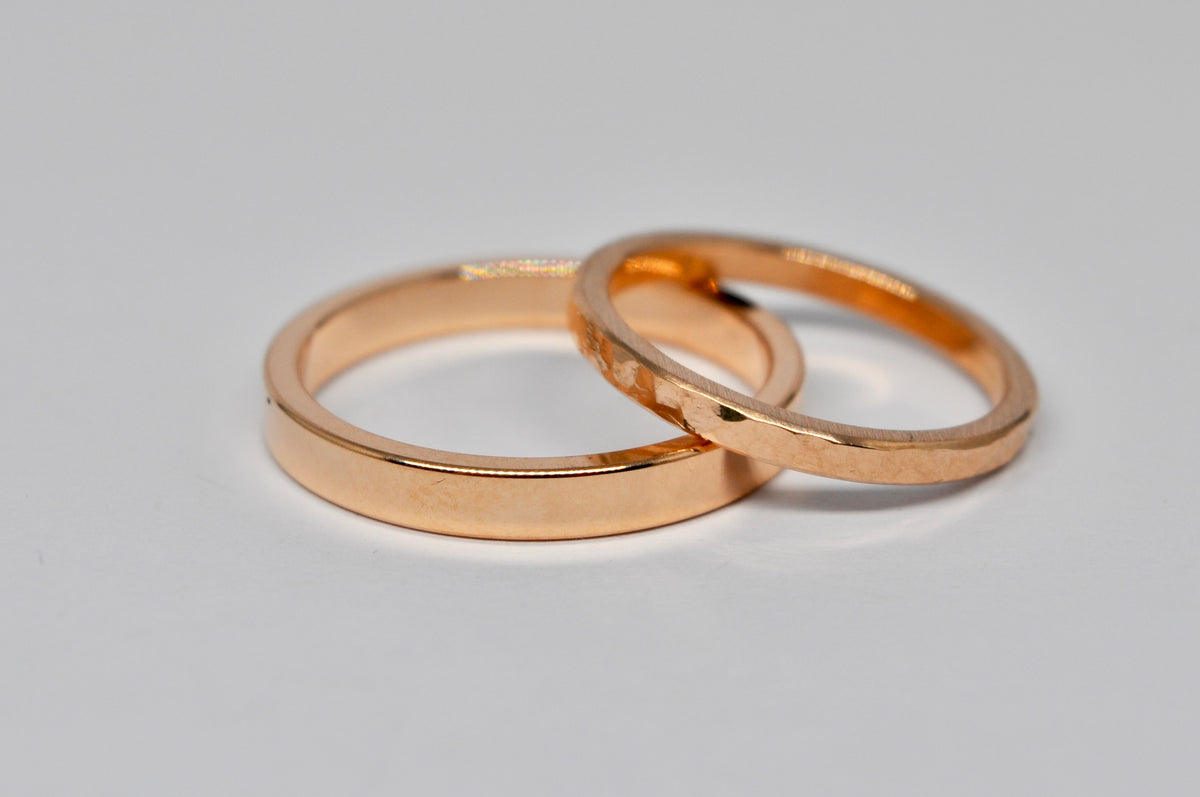 Rose Gold Wedding Band Set - Hammered & Polished Finish