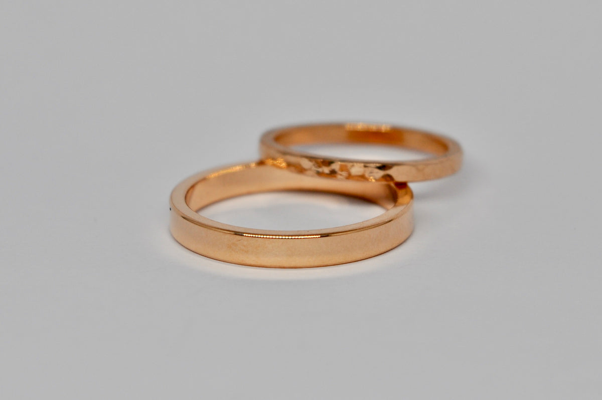 Rose Gold Wedding Band Set - Hammered & Polished Finish