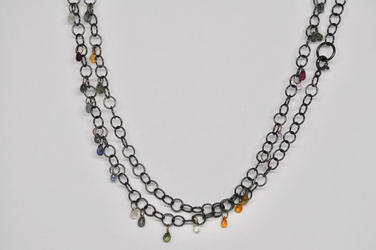 Long Oxidized Silver Chain Necklace with Multicolor Sapphire Drops