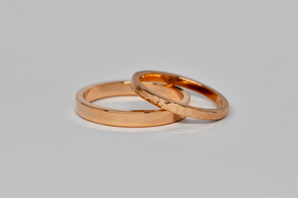 Rose Gold Wedding Band Set - Hammered & Polished Finish