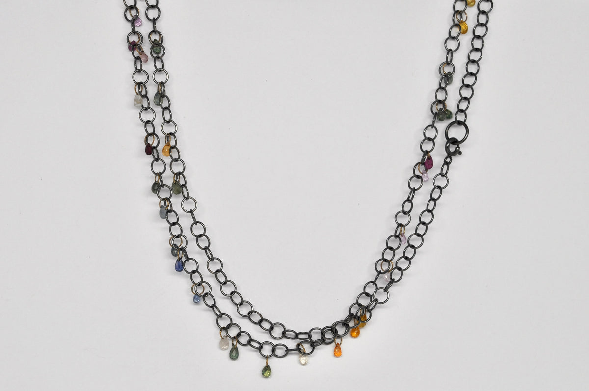 Long Oxidized Silver Chain Necklace with Multicolor Sapphire Drops