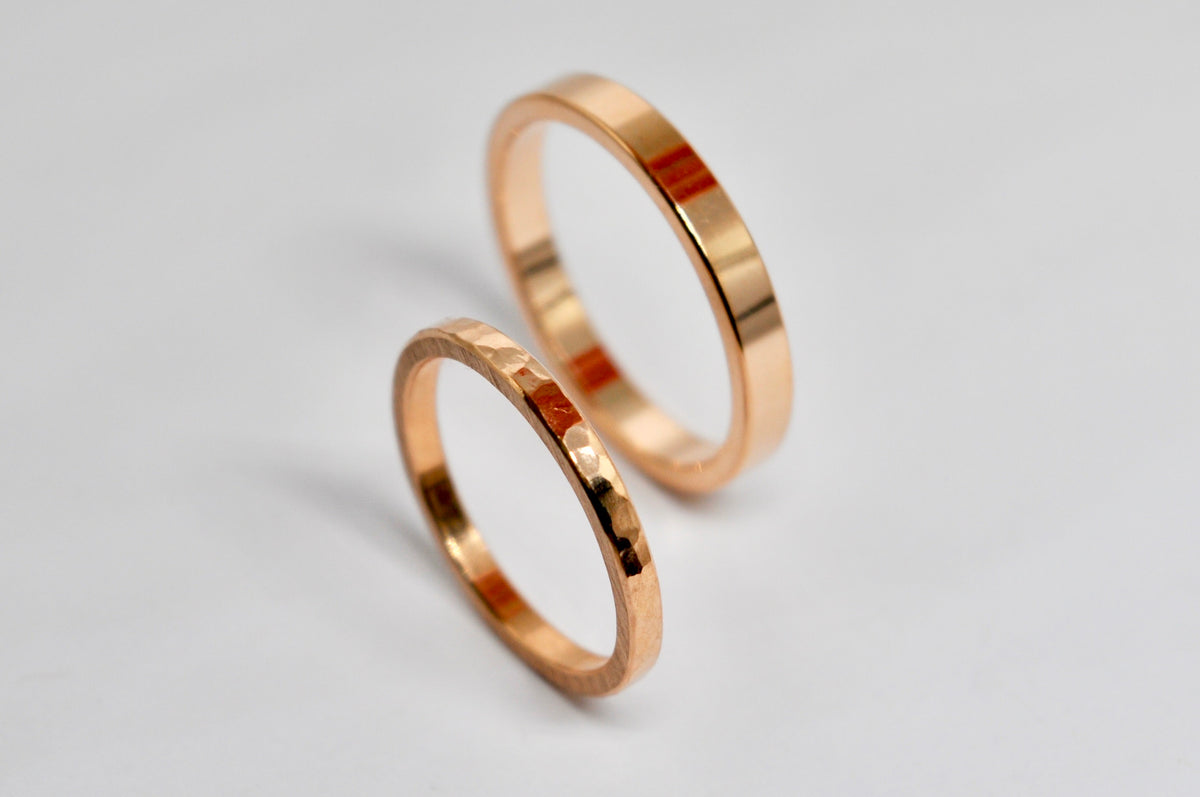 Rose Gold Wedding Band Set - Hammered & Polished Finish