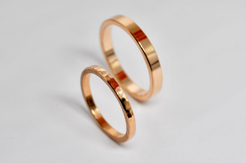 Rose Gold Wedding Band Set - Hammered & Polished Finish