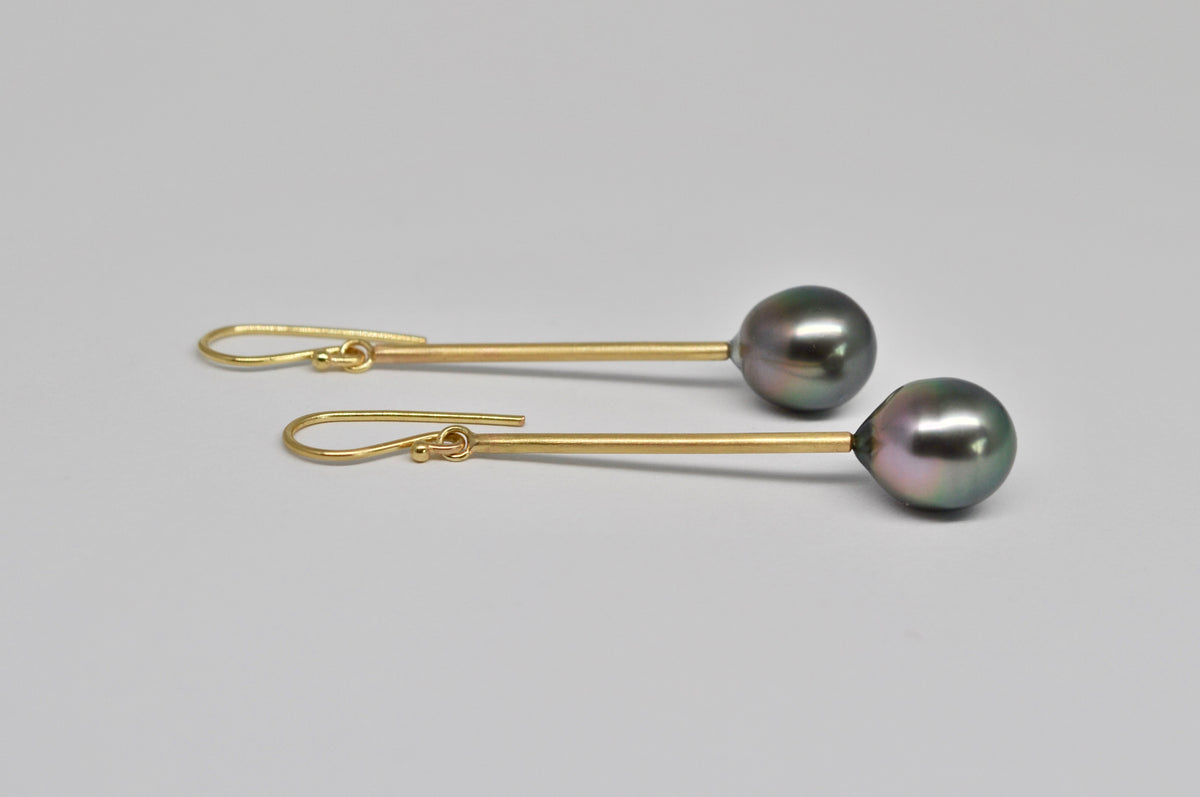Tahitian Pearl Drop Earrings - 18K Yellow Gold Long Bar Design