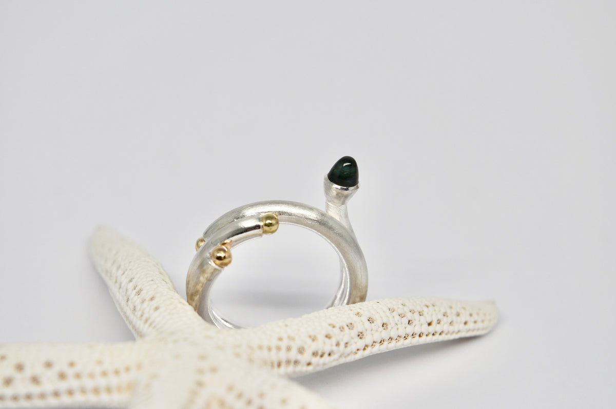 Double Band Ring, Sterling Silver, 18k Gold Beads & Green Tourmaline