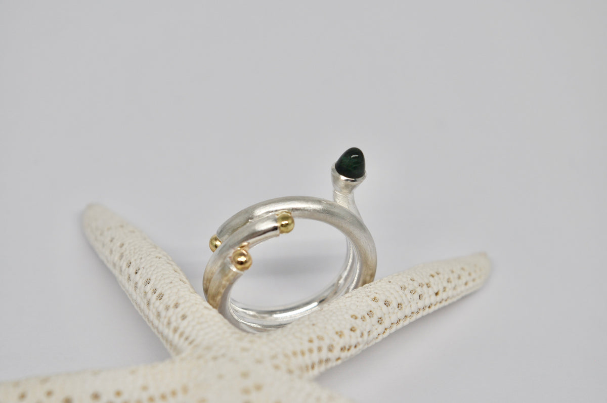 Double Band Ring, Sterling Silver, 18k Gold Beads & Green Tourmaline