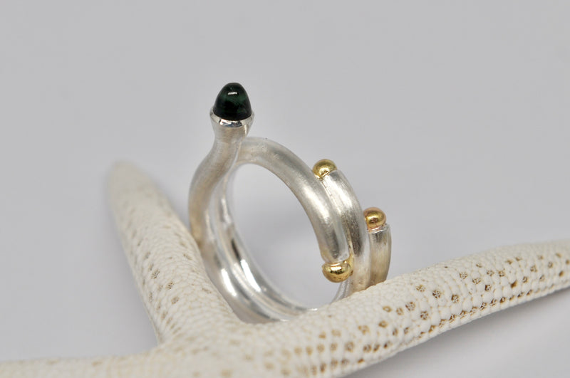 Double Band Ring, Sterling Silver, 18k Gold Beads & Green Tourmaline