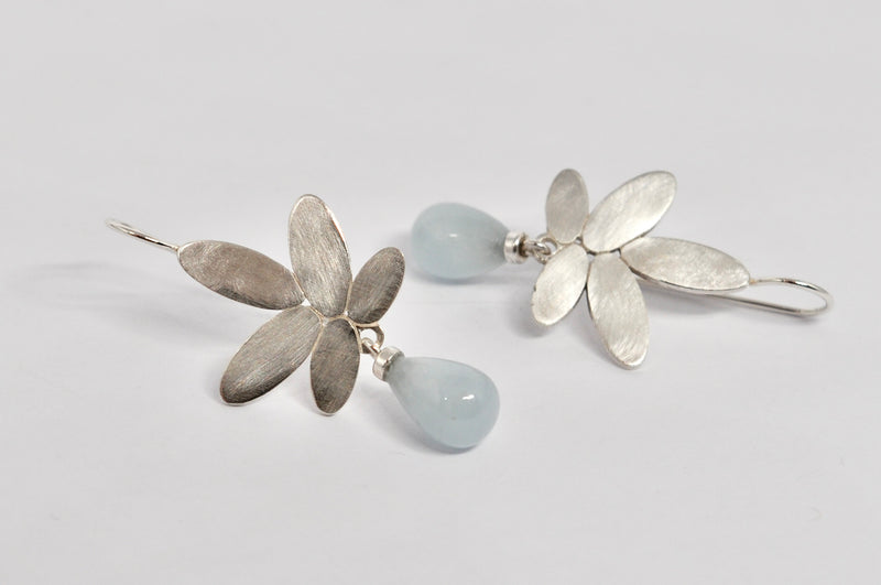 Silver Flower Aquamarine Drop Earrings