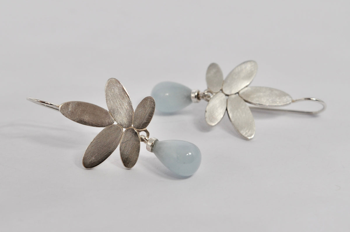 Silver Flower Aquamarine Drop Earrings