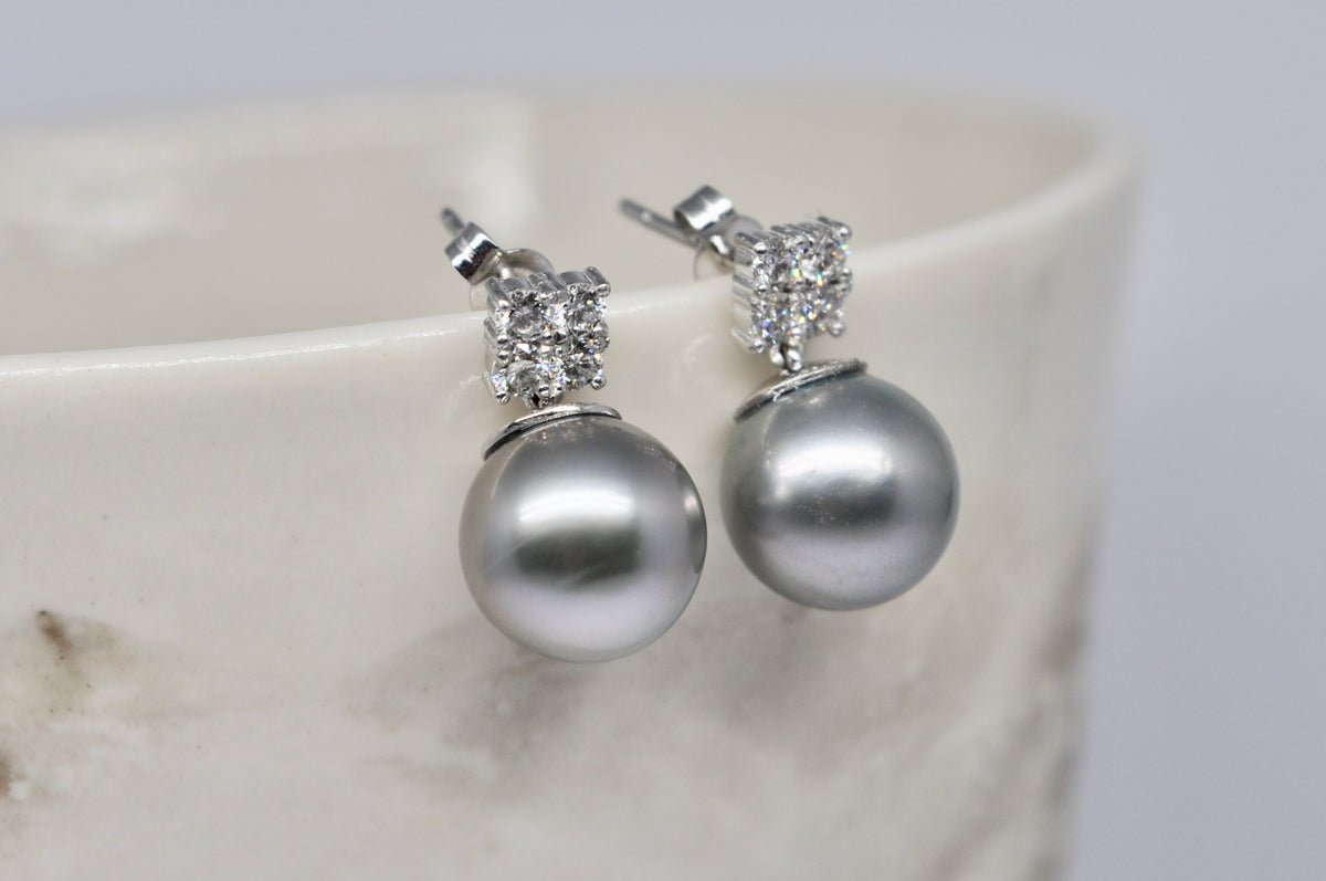 Tahitian Pearl Studs, Diamonds, 18k White Gold