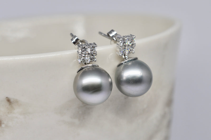 Tahitian Pearl Studs, Diamonds, 18k White Gold