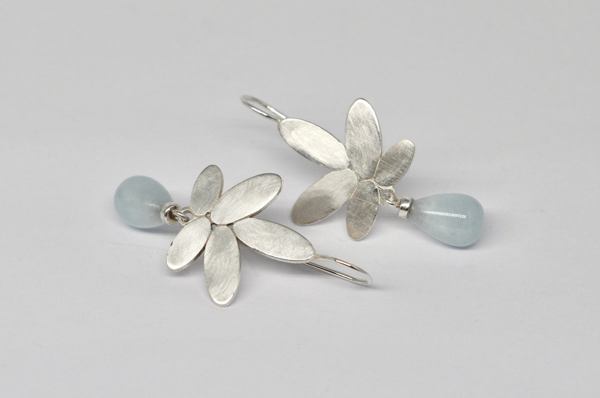 Silver Flower Aquamarine Drop Earrings