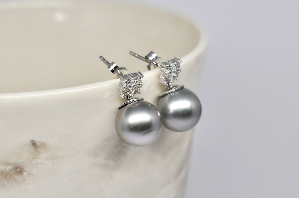 Tahitian Pearl Studs, Diamonds, 18k White Gold