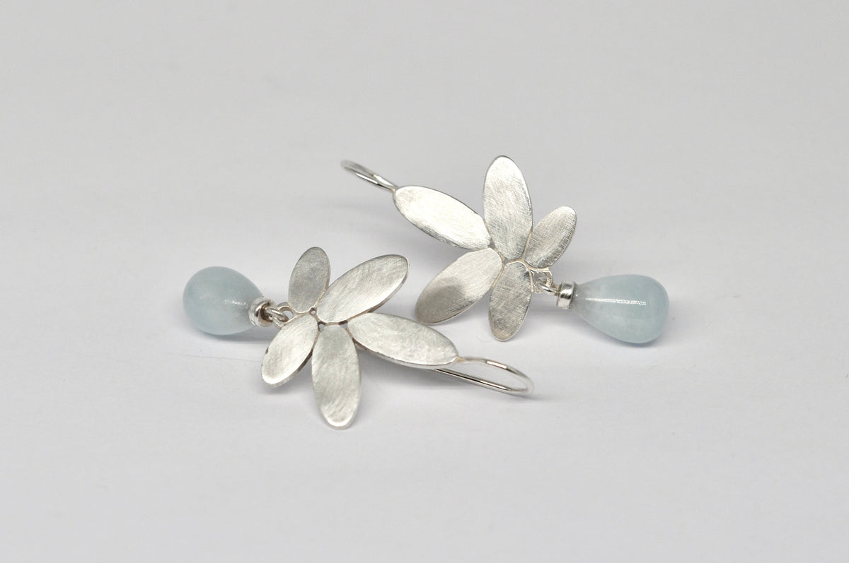 Silver Flower Aquamarine Drop Earrings