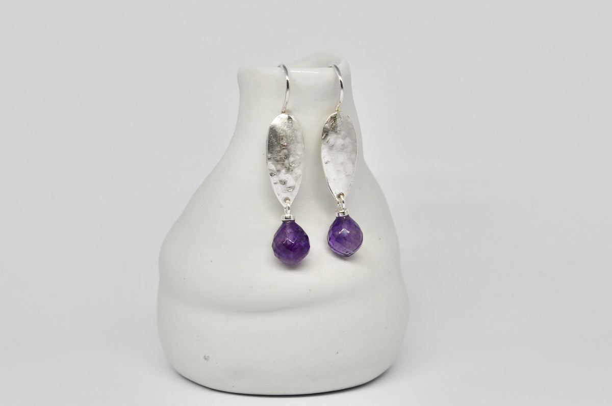 Hammered Silver & Amethyst Drop Earrings