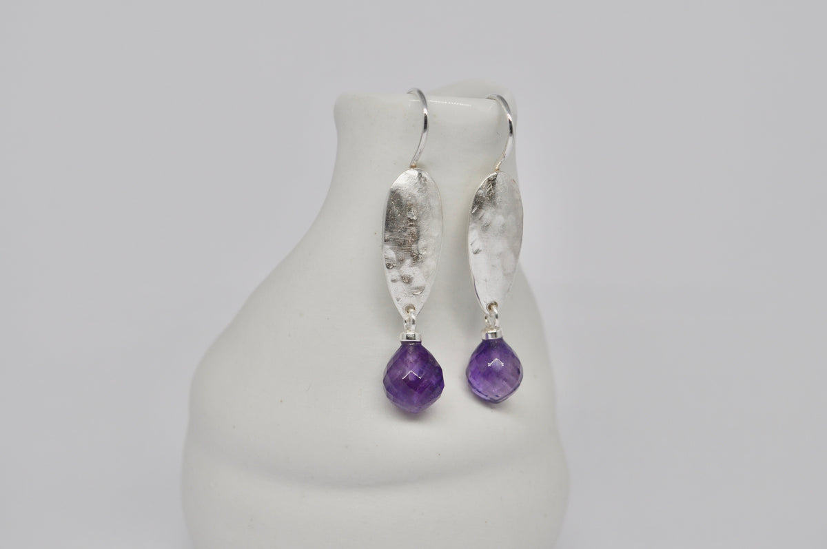 Hammered Silver & Amethyst Drop Earrings