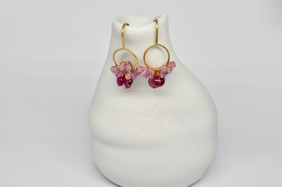Gold Circle Drop Earrings with Pink Tourmaline and Pink Sapphire Cluster