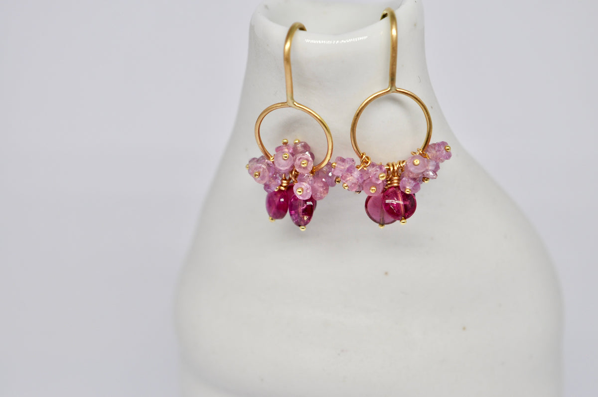 Gold Circle Drop Earrings with Pink Tourmaline and Pink Sapphire Cluster
