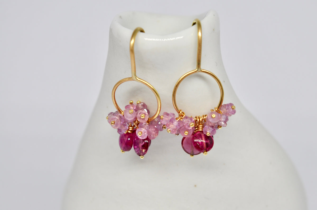 Gold Circle Drop Earrings with Pink Tourmaline and Pink Sapphire Cluster