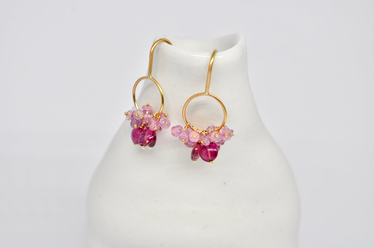 Gold Circle Drop Earrings with Pink Tourmaline and Pink Sapphire Cluster