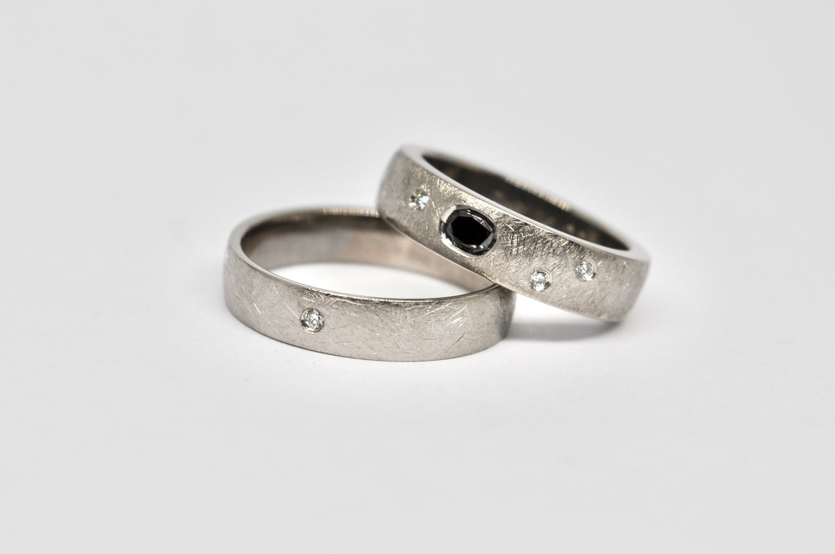 Textured 18k White Gold Wedding Band Set with Black & White Diamonds