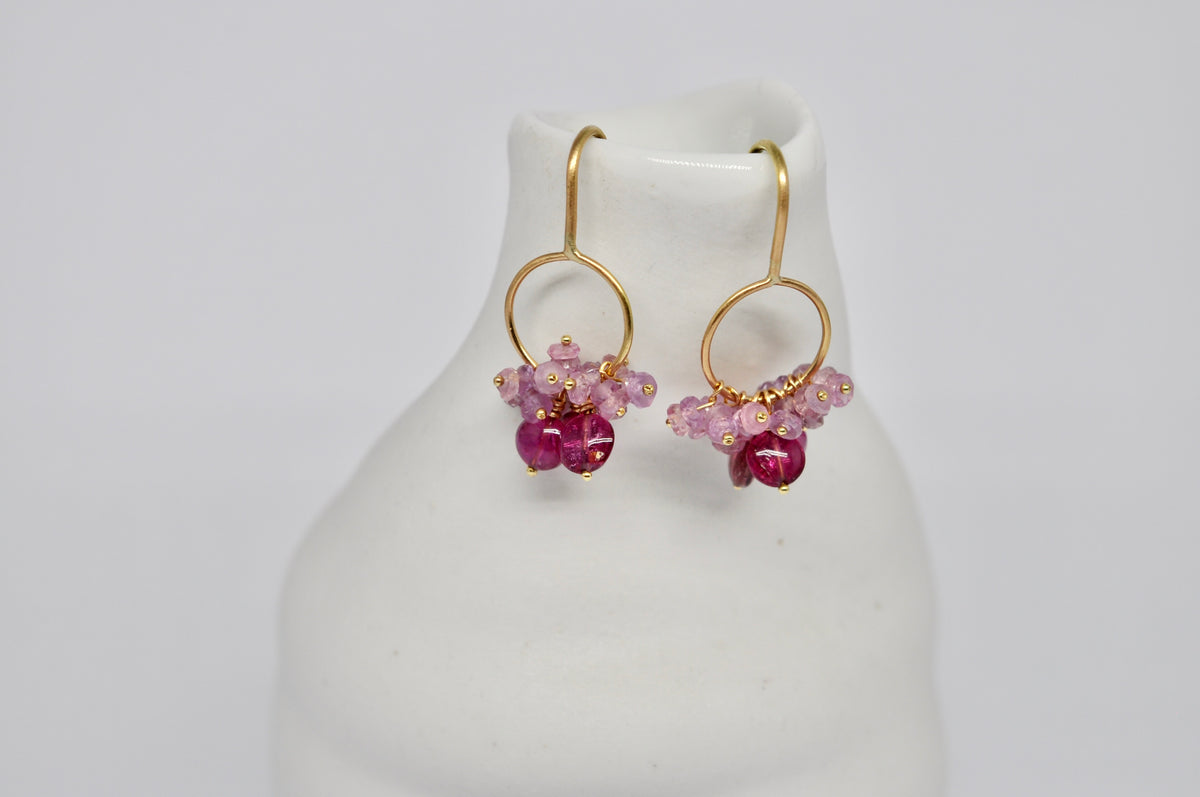Gold Circle Drop Earrings with Pink Tourmaline and Pink Sapphire Cluster