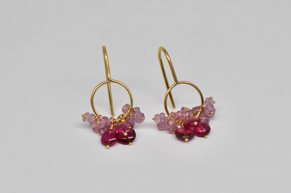 Gold Circle Drop Earrings with Pink Tourmaline and Pink Sapphire Cluster