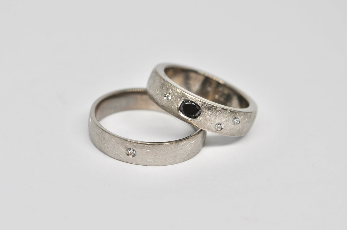 Textured 18k White Gold Wedding Band Set with Black & White Diamonds