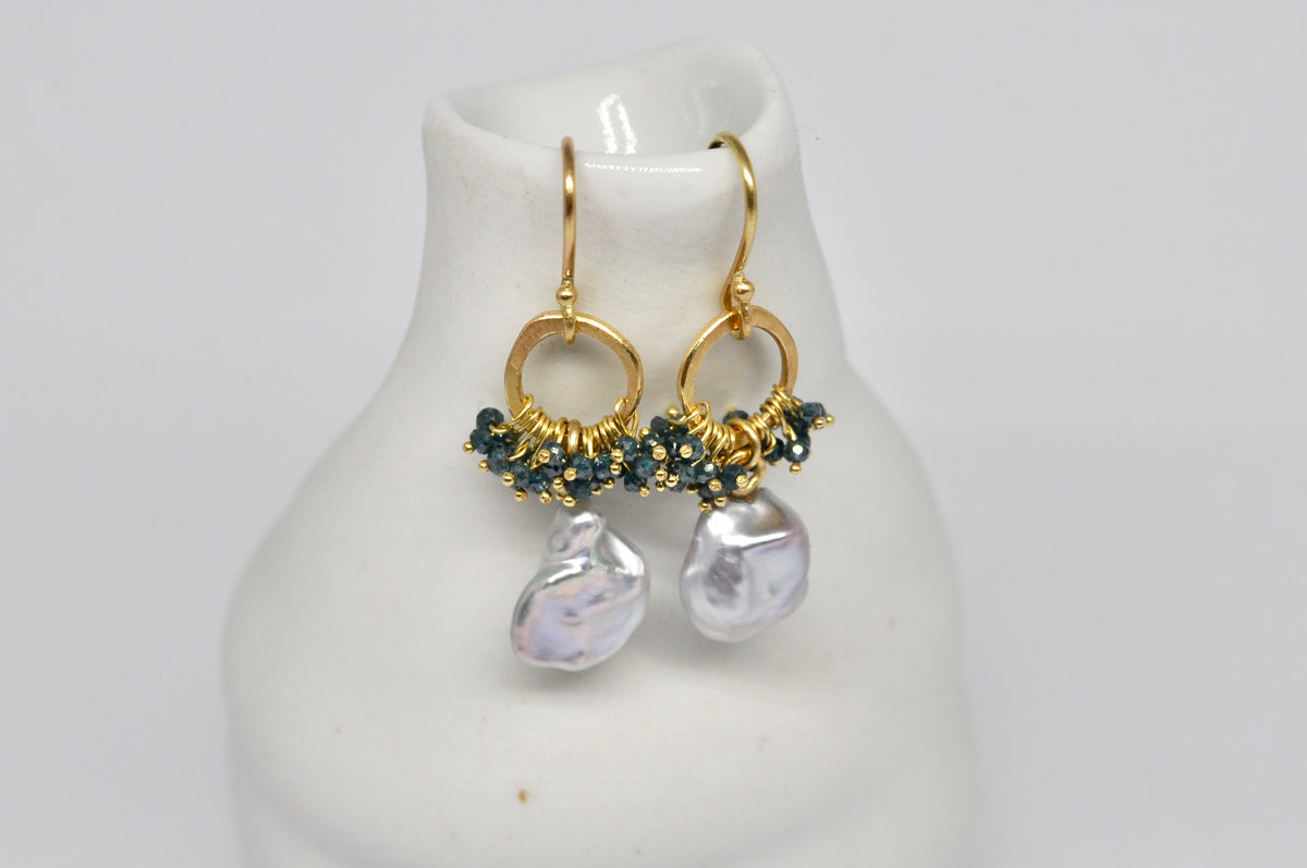 Blue Diamond & Keshi Pearl Hoop Earrings