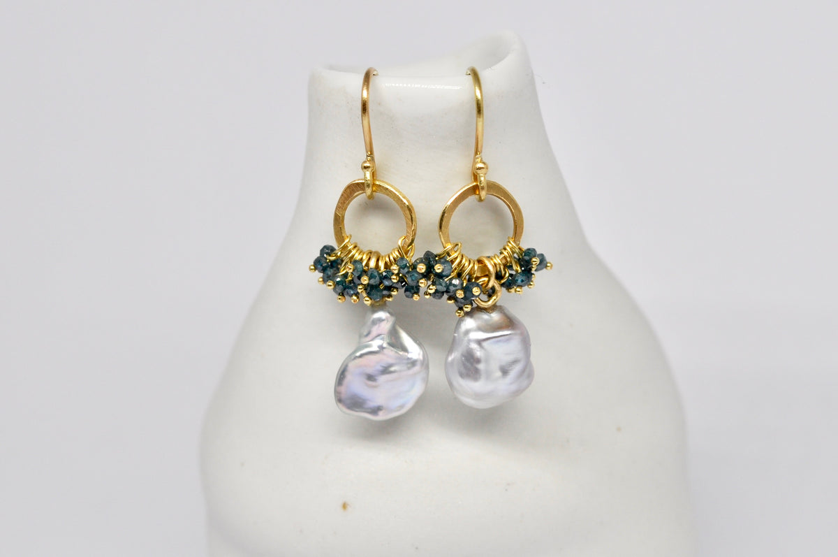 Blue Diamond & Keshi Pearl Hoop Earrings