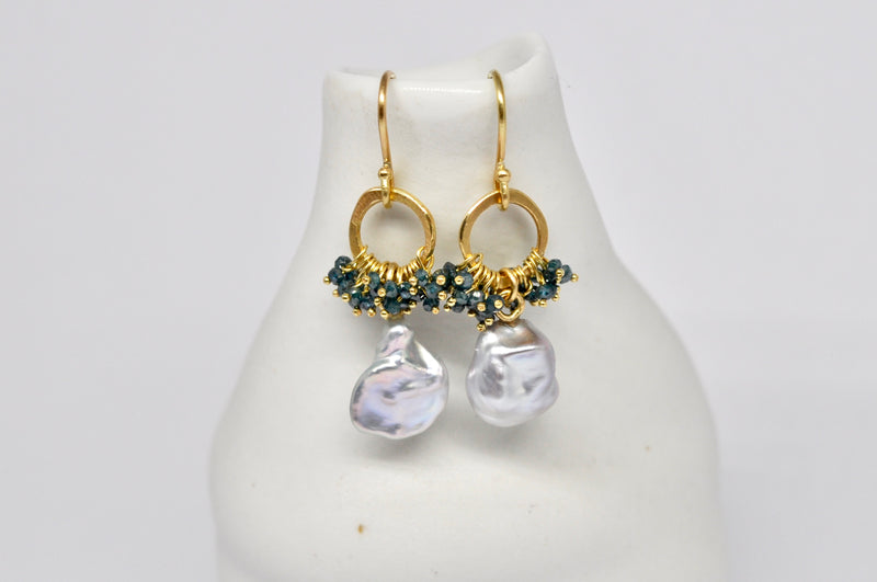 Blue Diamond & Keshi Pearl Hoop Earrings