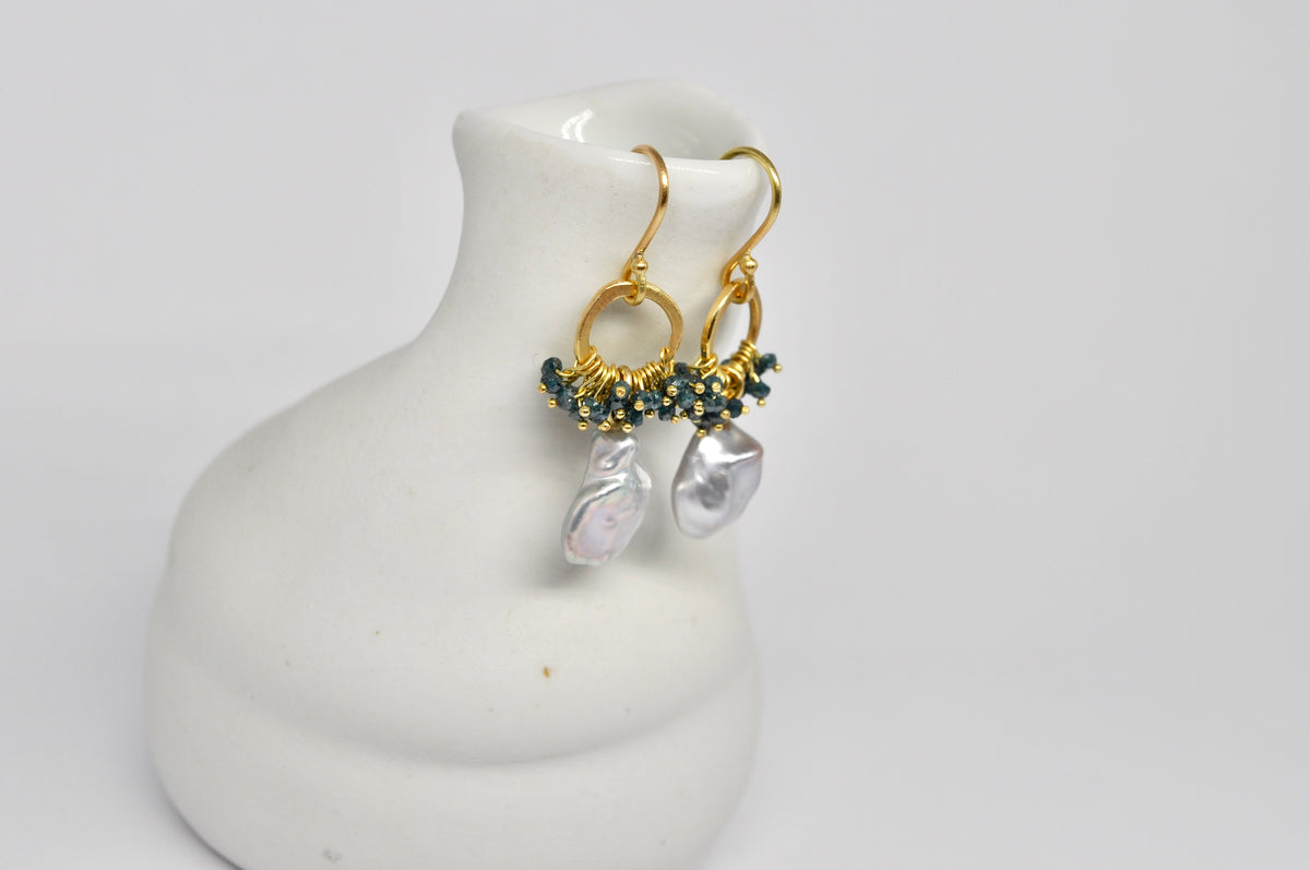 Blue Diamond & Keshi Pearl Hoop Earrings