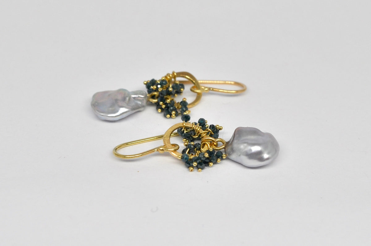 Blue Diamond & Keshi Pearl Hoop Earrings