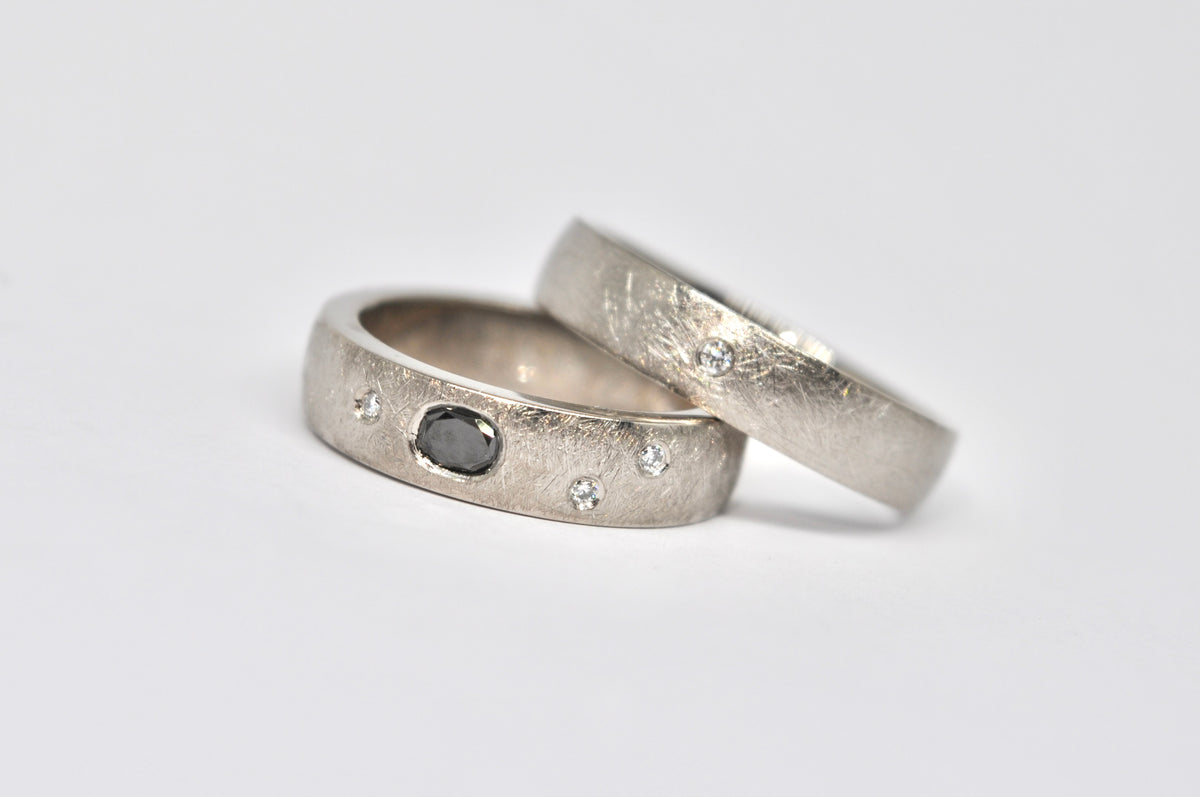 Textured 18k White Gold Wedding Band Set with Black & White Diamonds