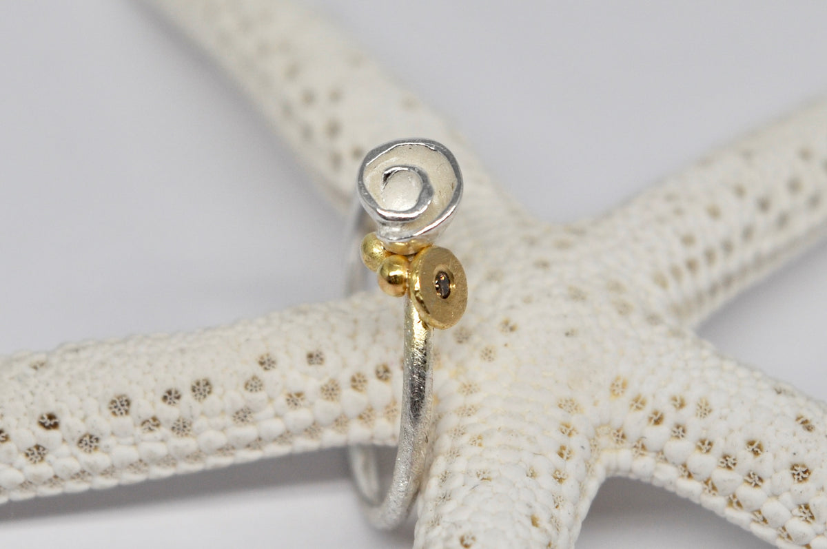Delicate Silver Ring with 18k Gold and Brown Diamond