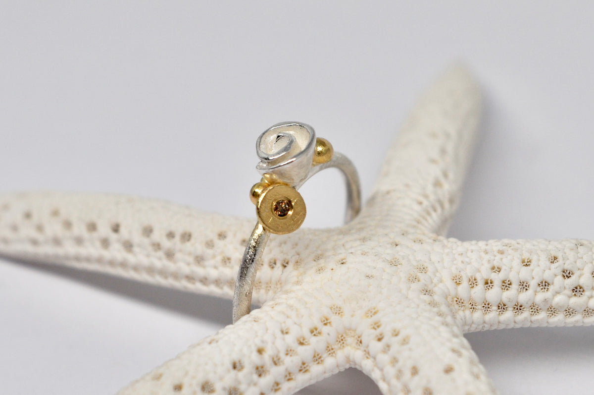 Delicate Silver Ring with 18k Gold and Brown Diamond