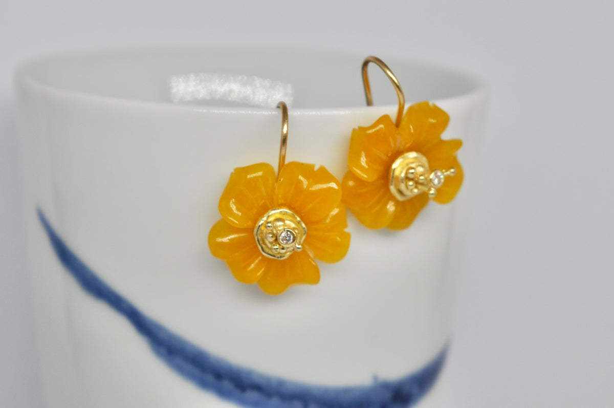 Honey Jade Flower Earrings with 18k Yellow Gold and Diamond