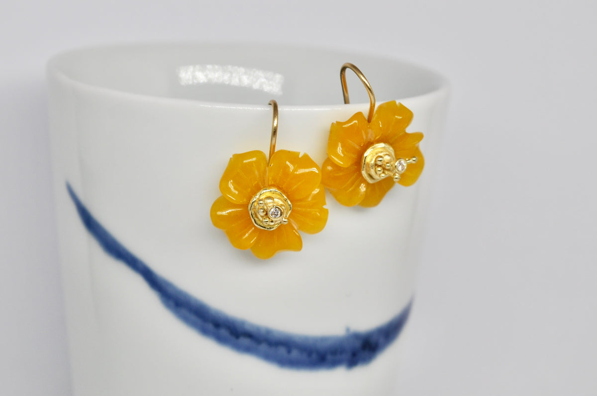 Honey Jade Flower Earrings with 18k Yellow Gold and Diamond