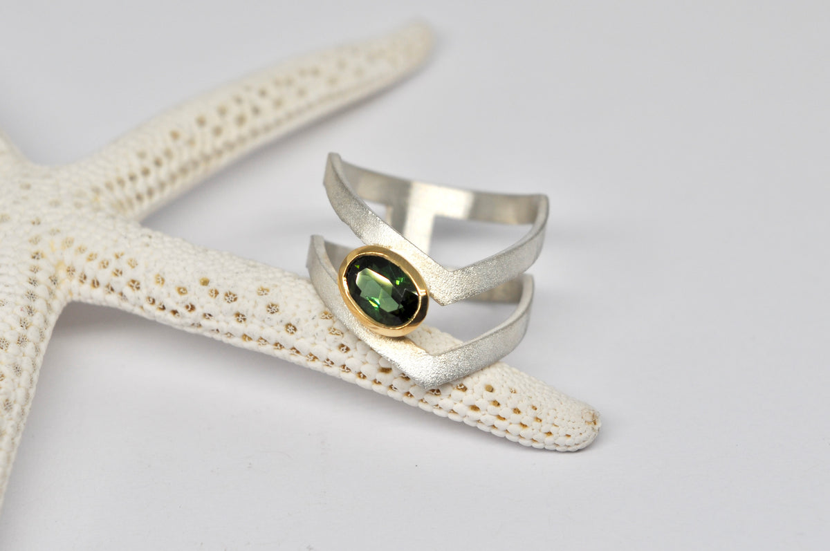 Green Tourmaline Silver & 18k Gold Sculptural Ring