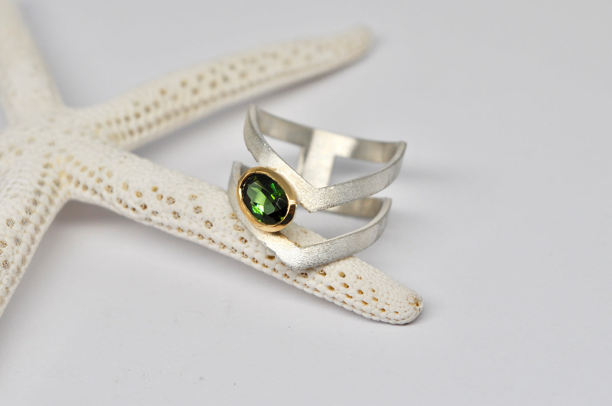 Green Tourmaline Silver & 18k Gold Sculptural Ring