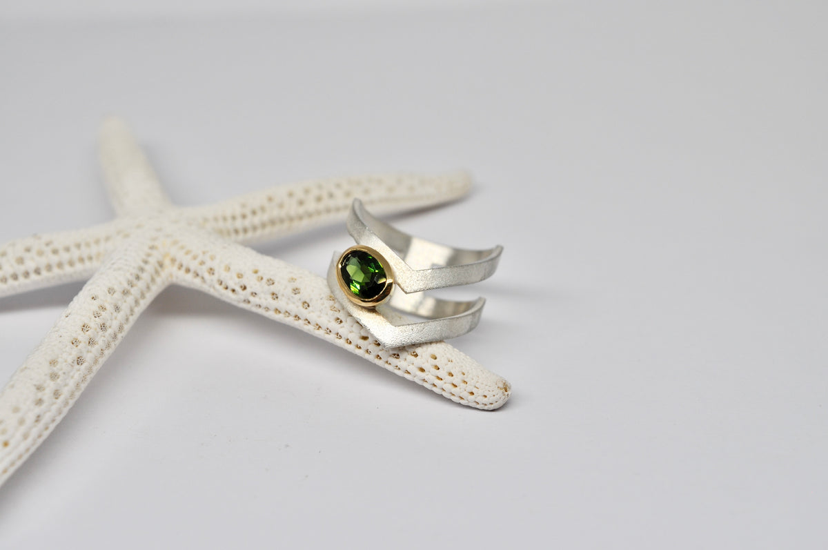 Green Tourmaline Silver & 18k Gold Sculptural Ring