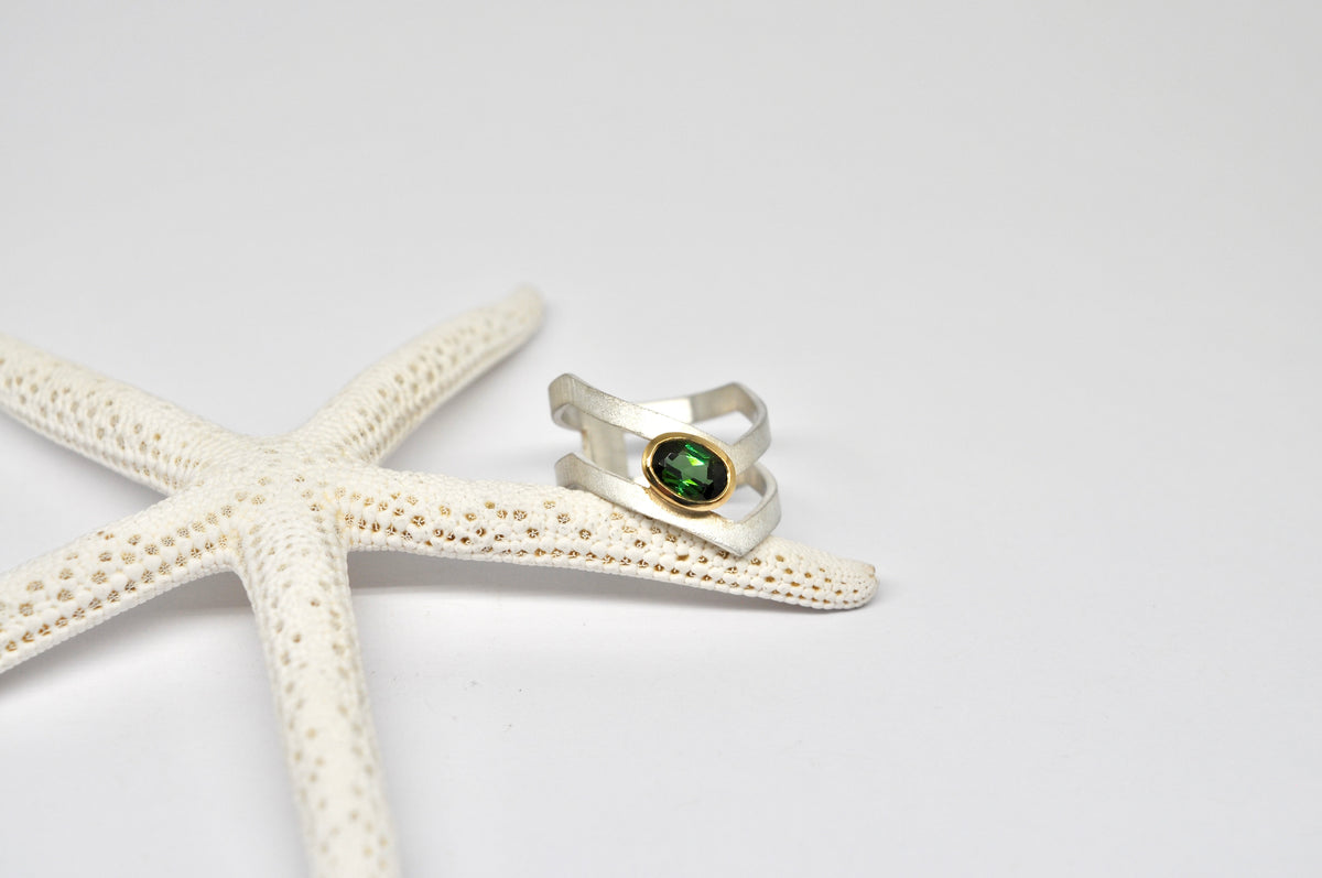 Green Tourmaline Silver & 18k Gold Sculptural Ring