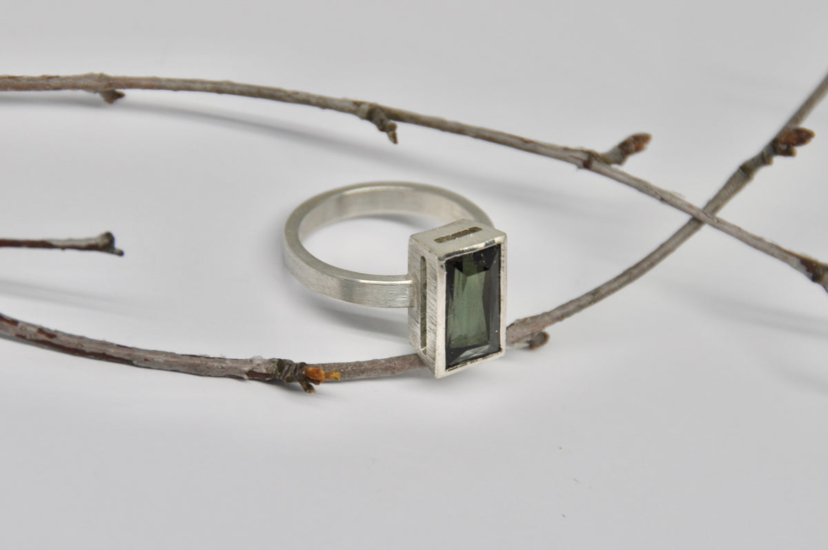 Modern Silver Ring with Green Emerald-Cut Tourmaline