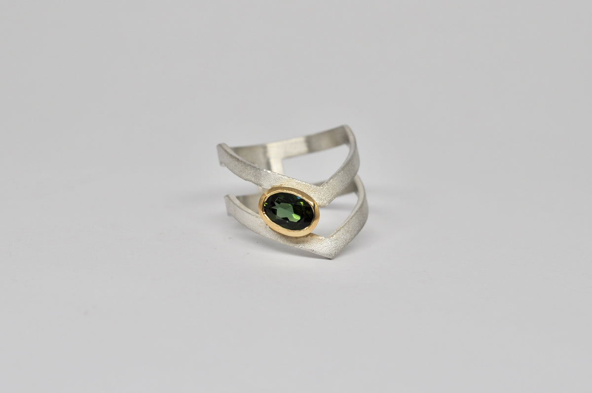 Green Tourmaline Silver & 18k Gold Sculptural Ring