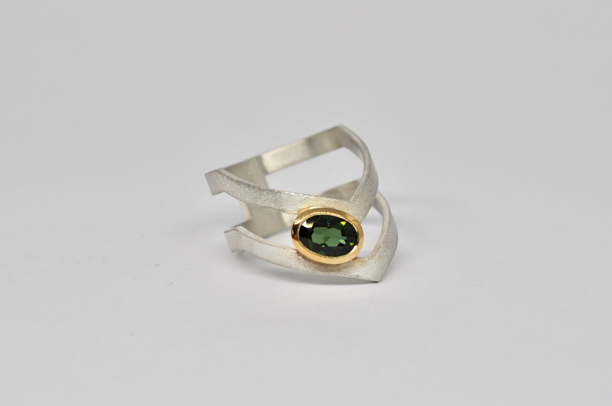 Green Tourmaline Silver & 18k Gold Sculptural Ring