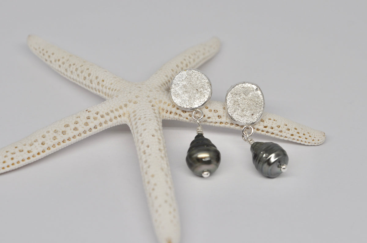 Silver Disc & Tahitian Pearl Earrings