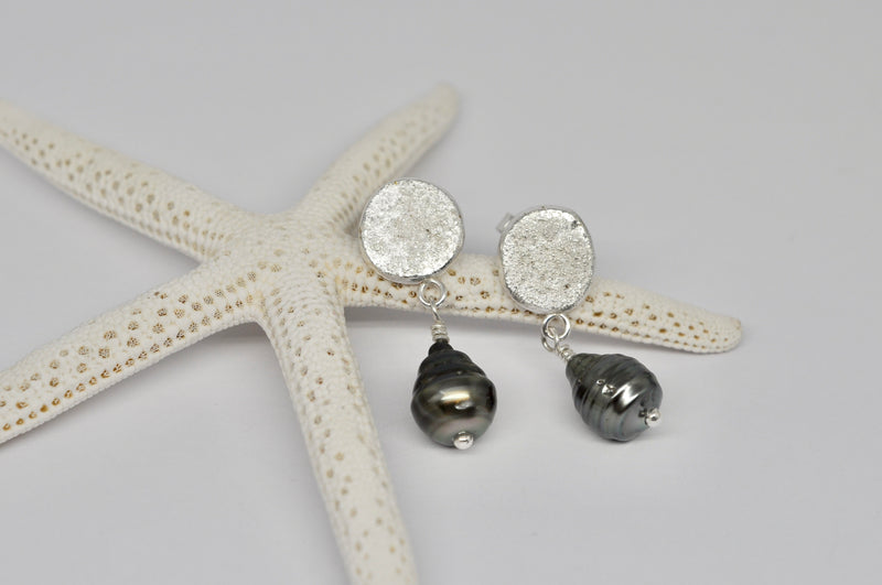 Silver Disc & Tahitian Pearl Earrings